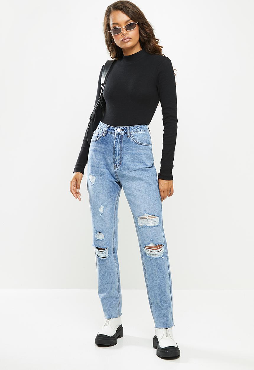 Missguided - Petite slim straight distressed jean - blue