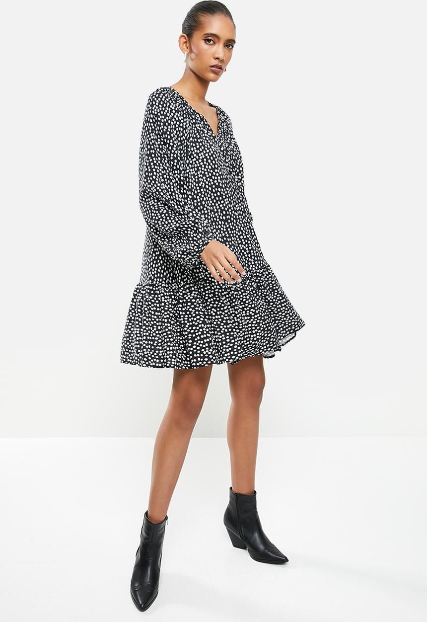 VELVET - Polkadot trapeze dropwaist tiered mini dress - black & white 