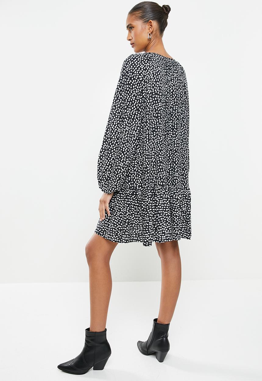 VELVET - Polkadot trapeze dropwaist tiered mini dress - black & white 