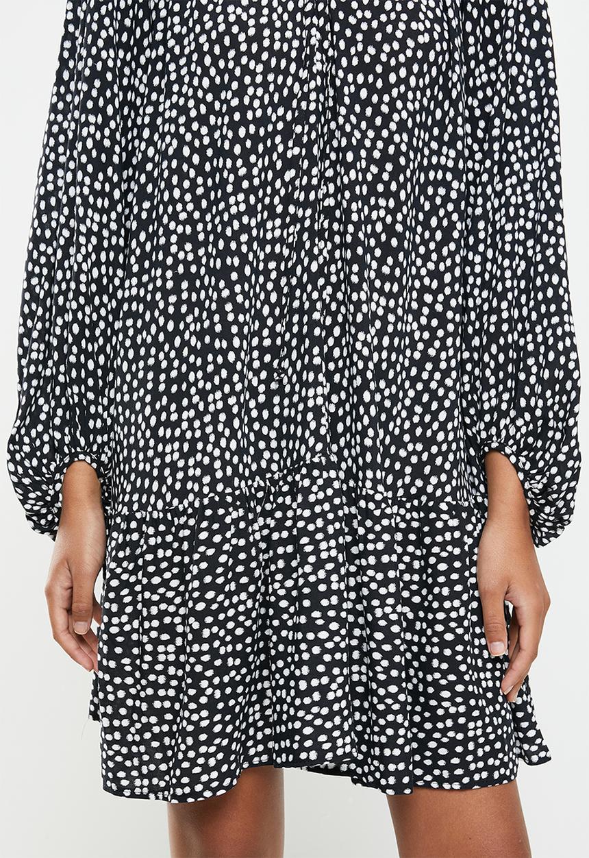 VELVET - Polkadot trapeze dropwaist tiered mini dress - black & white 