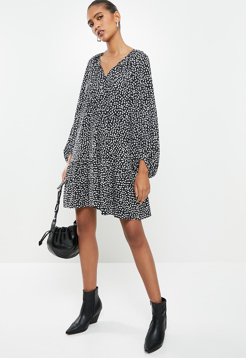VELVET - Polkadot trapeze dropwaist tiered mini dress - black & white 