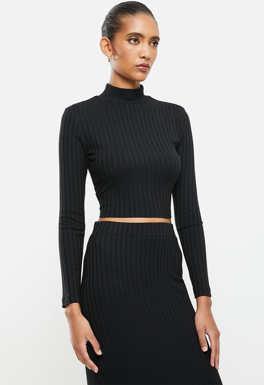 VELVET - Slinky rib knit crop top with cut out - black