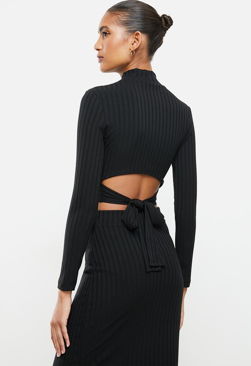 VELVET - Slinky rib knit crop top with cut out - black