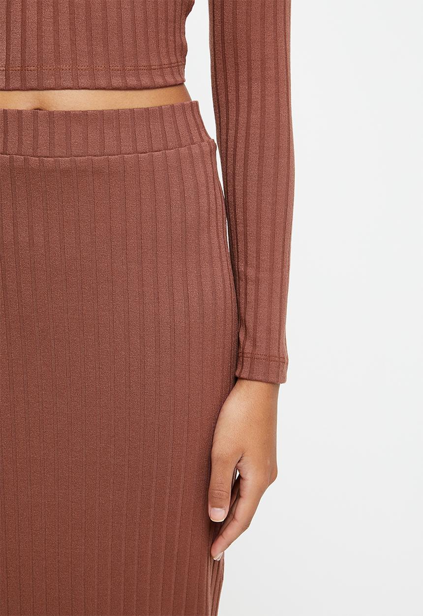 VELVET - Slinky rib knit pencil skirt - brown