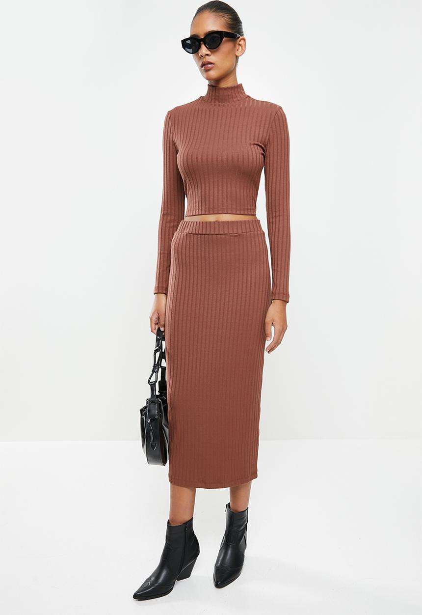 VELVET - Slinky rib knit pencil skirt - brown