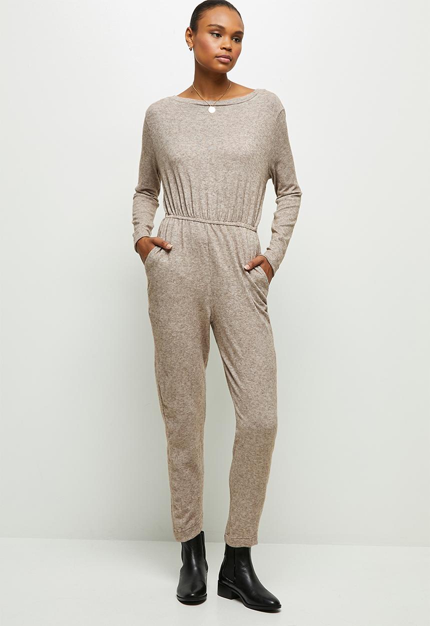 edit - Wide neck cut & sew jumpsuit - natural