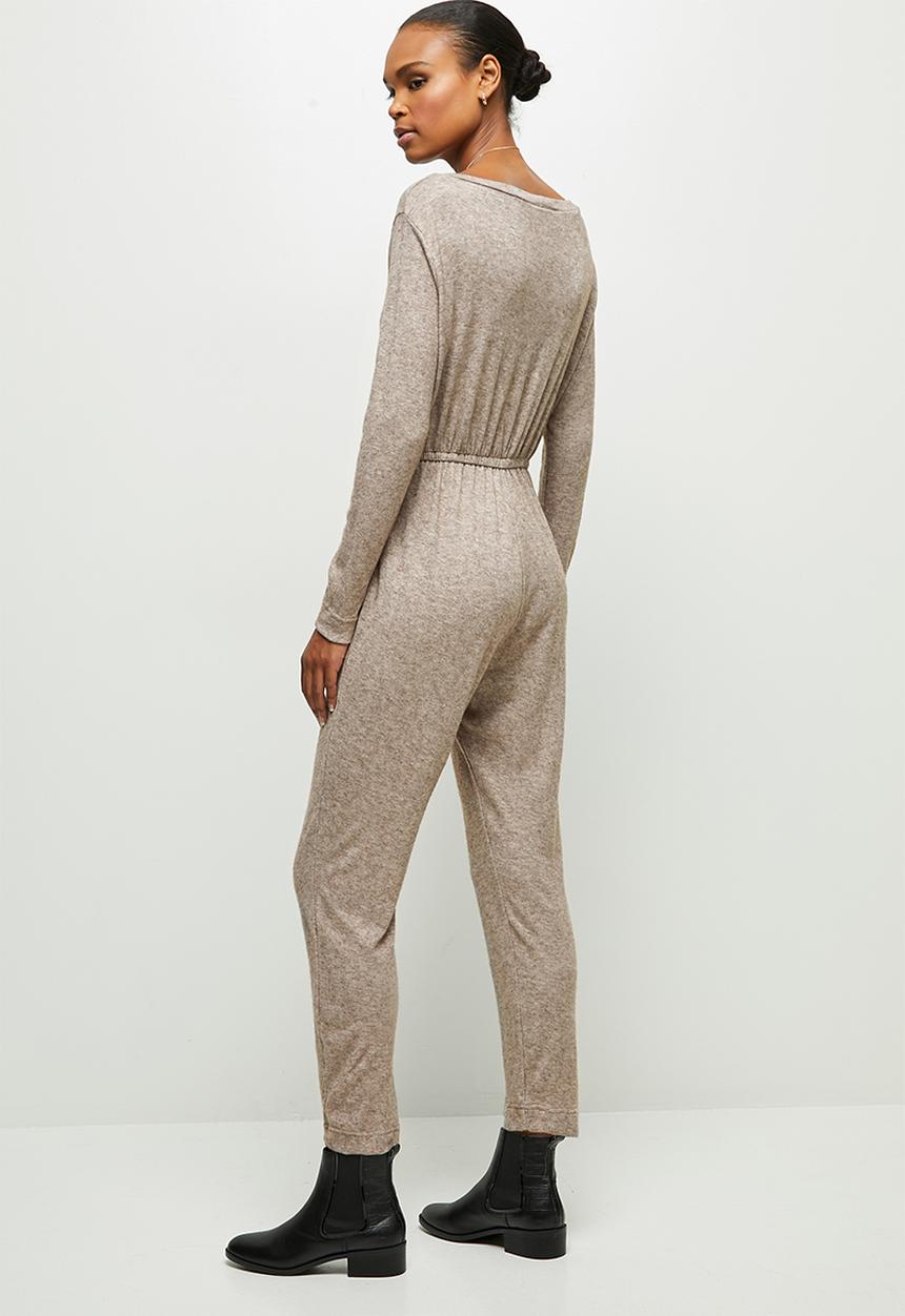 edit - Wide neck cut & sew jumpsuit - natural