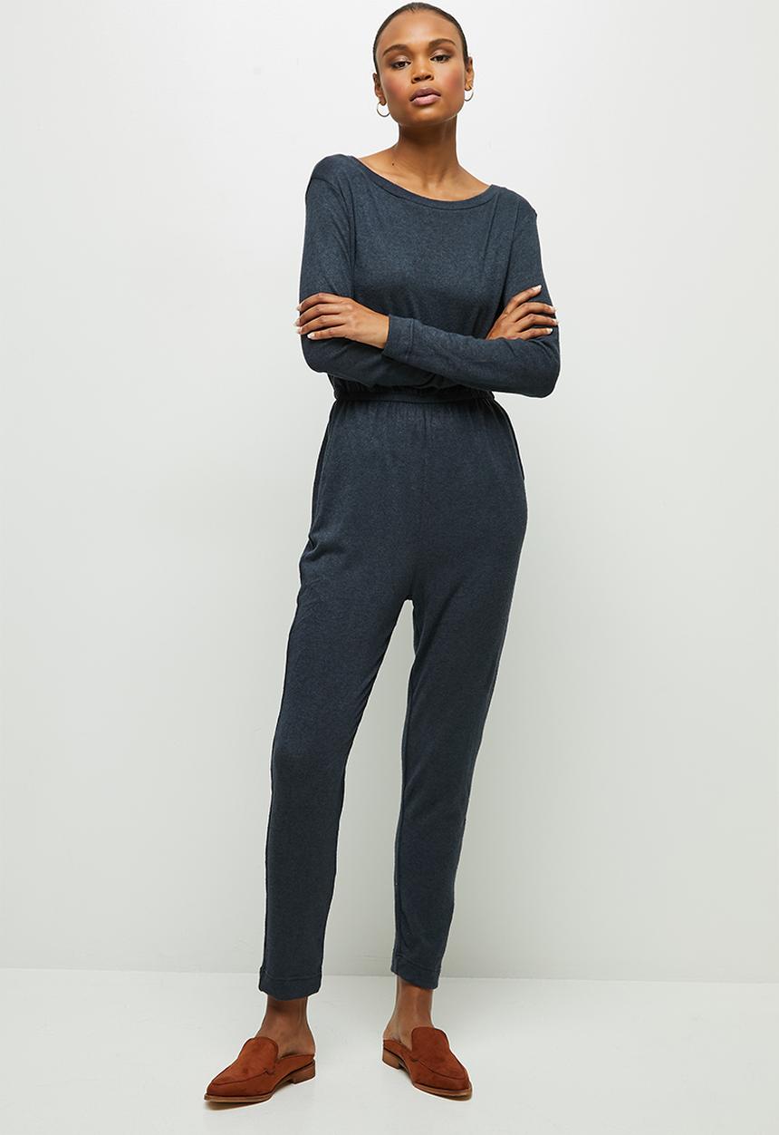 edit - Wide neck cut & sew jumpsuit - navy 