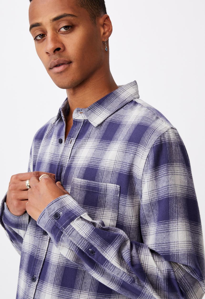 Cotton On - Washed long sleeve check shirt - blue & white