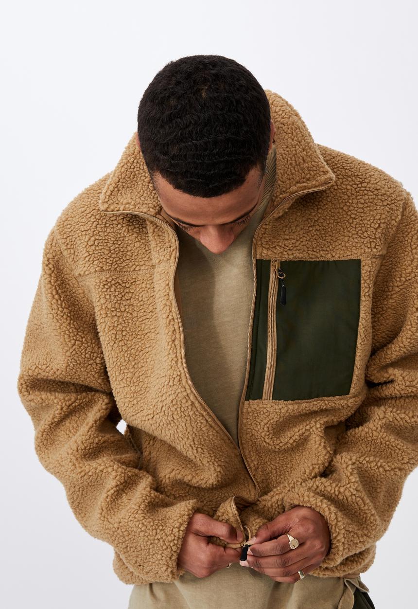 Cotton On - Pocket teddy zip thru - tan