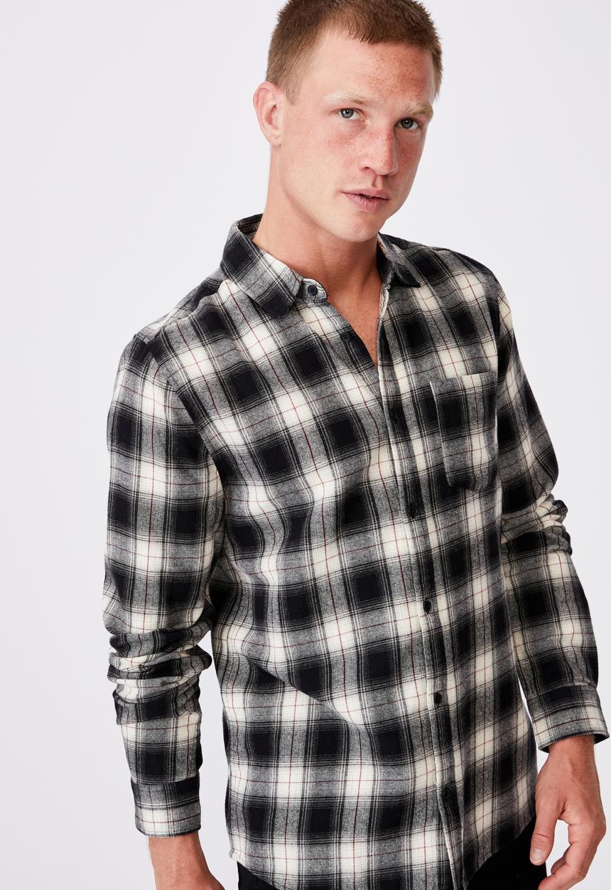 Cotton On - Washed long sleeve check shirt - black & white