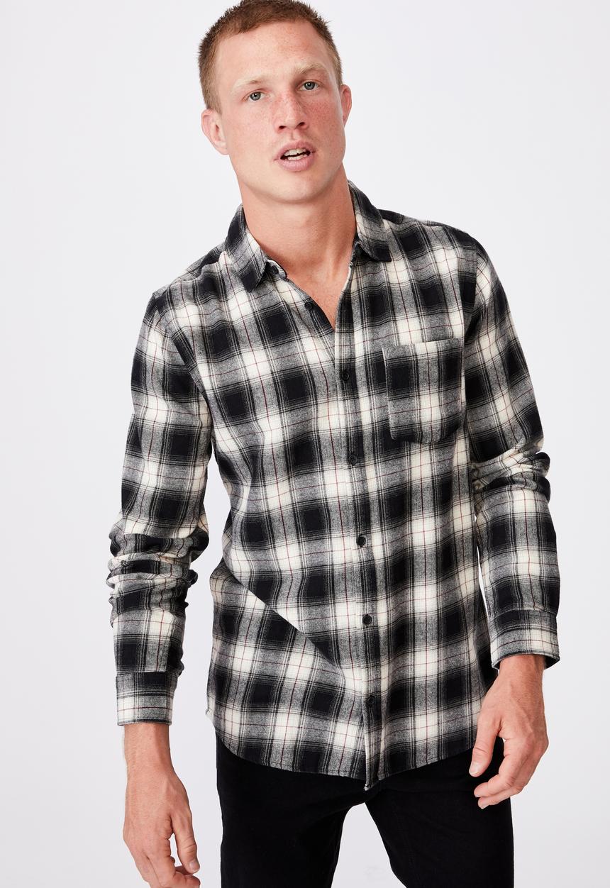 Cotton On - Washed long sleeve check shirt - black & white
