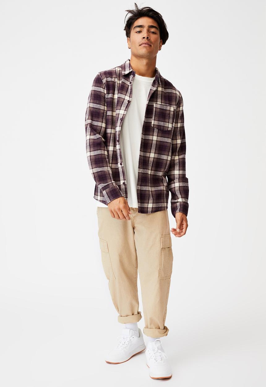 Cotton On - Washed long sleeve check shirt - burgundy & white