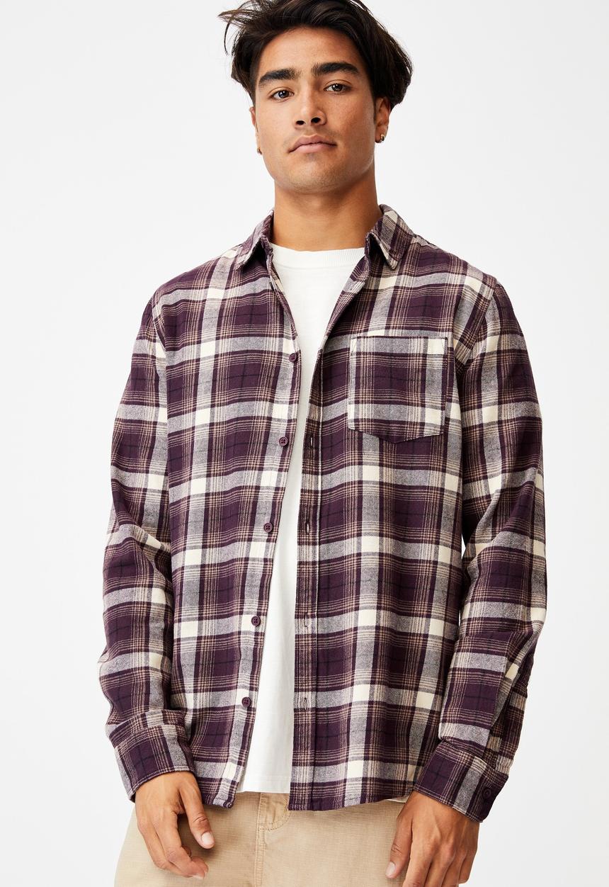 Cotton On - Washed long sleeve check shirt - burgundy & white