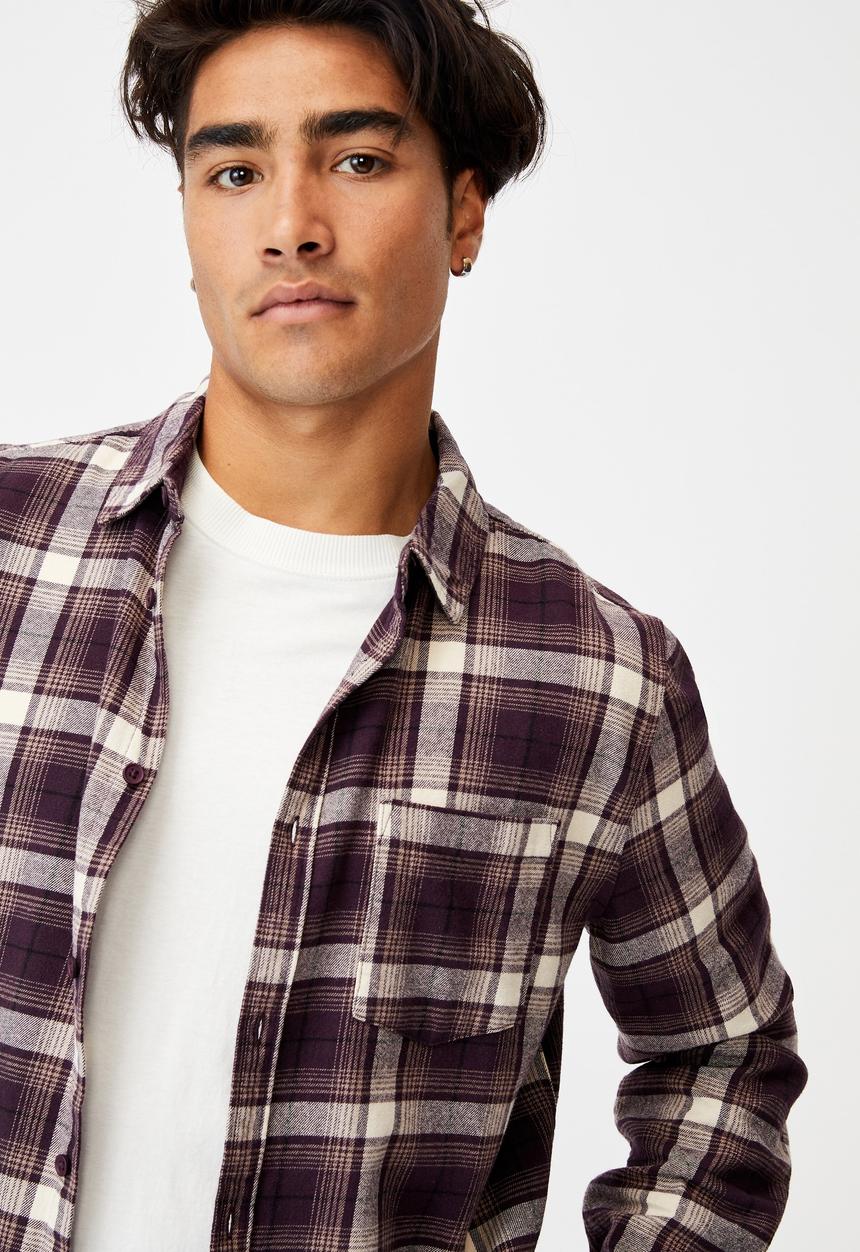 Cotton On - Washed long sleeve check shirt - burgundy & white