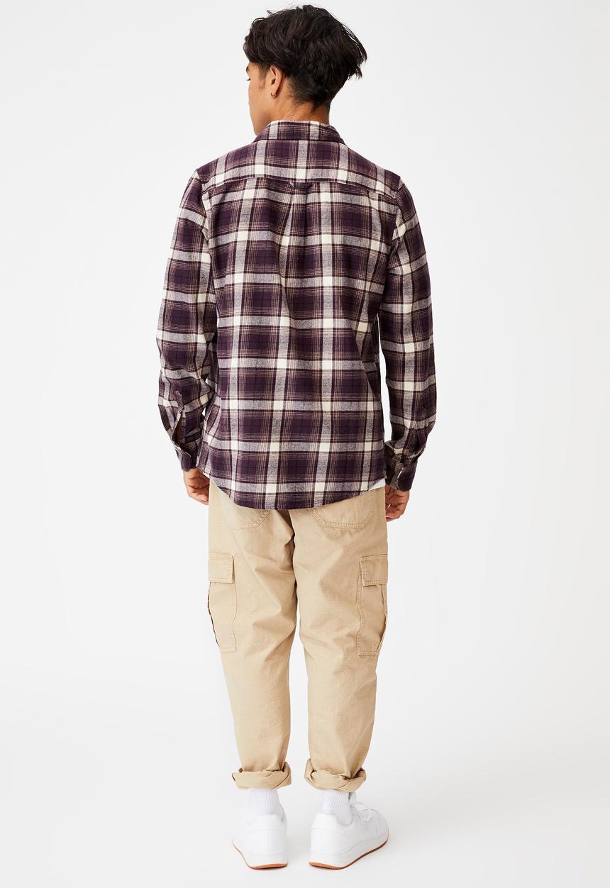 Cotton On - Washed long sleeve check shirt - burgundy & white