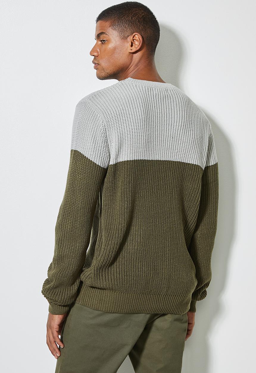 Superbalist - Block chunky crew knit - khaki & grey