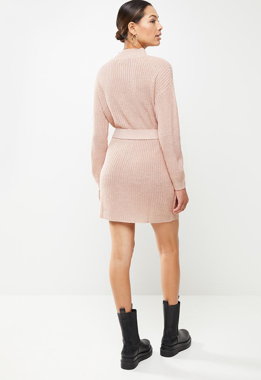 Missguided - Roll neck basic dress with belt - pink