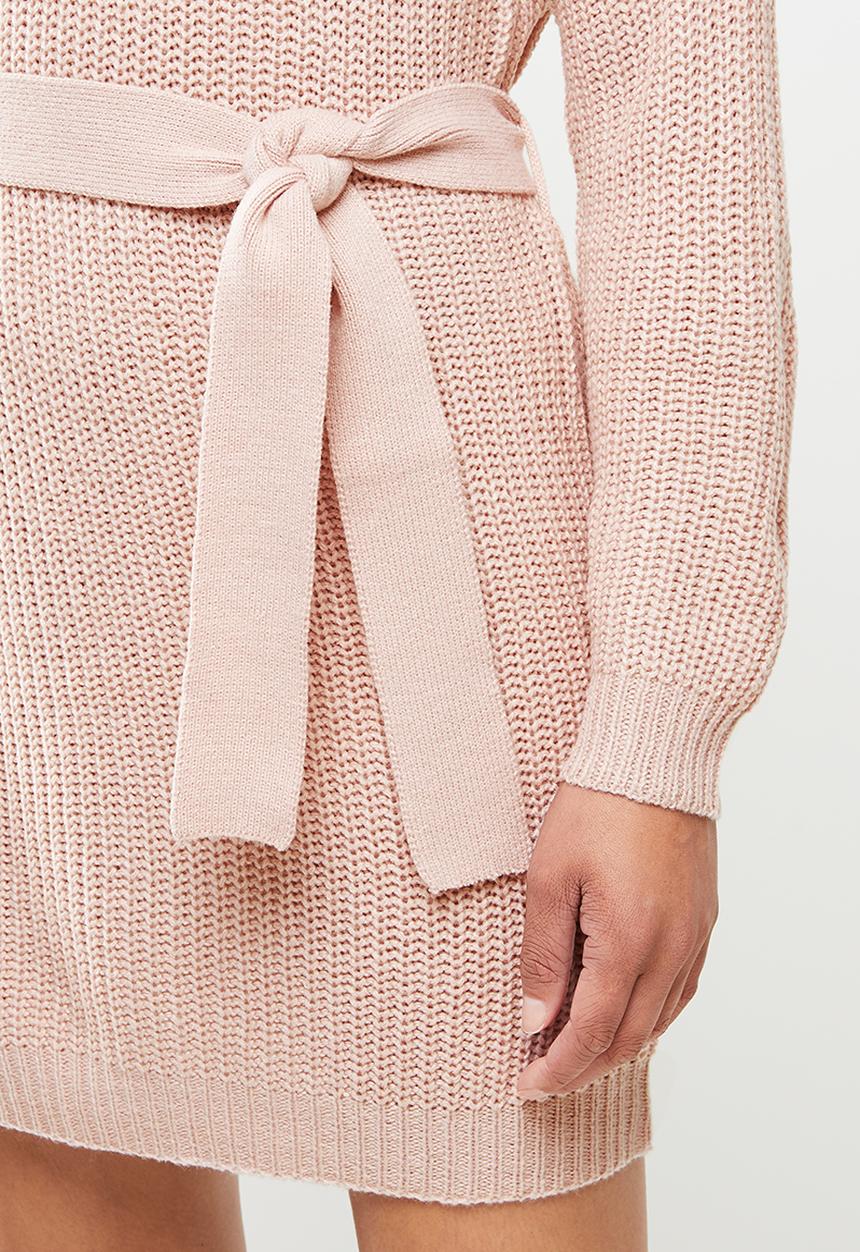Missguided - Roll neck basic dress with belt - pink