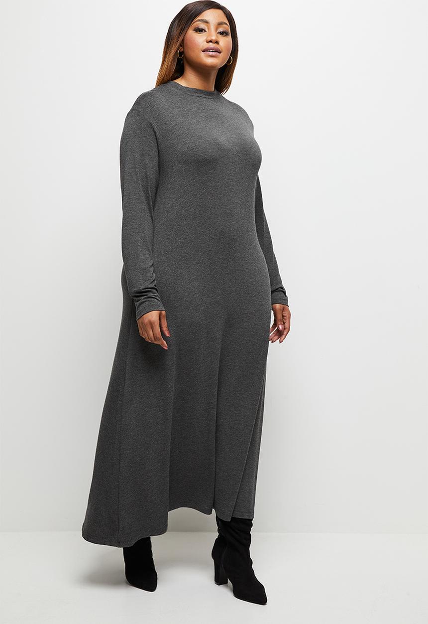 edit Plus - Long sleeve funnel neck trapeze dress - charcoal melange