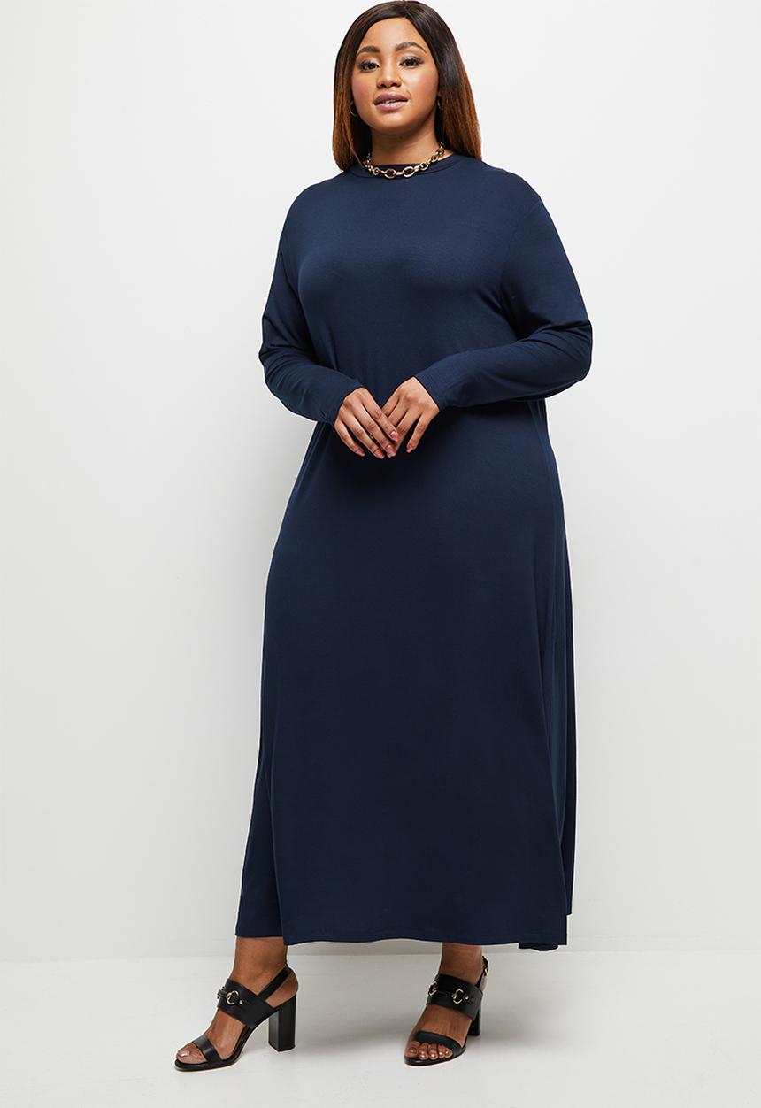 edit Plus - Long sleeve funnel neck trapeze dress - navy