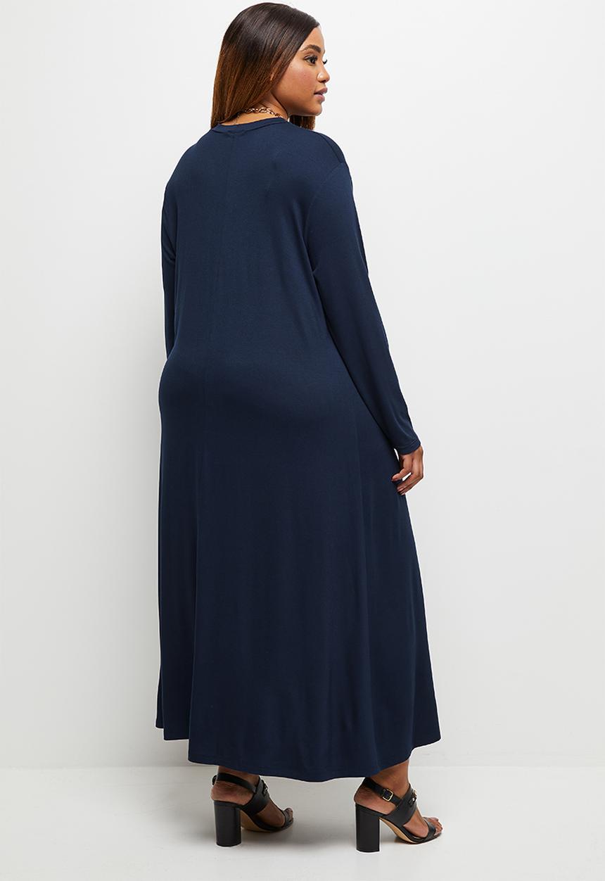edit Plus - Long sleeve funnel neck trapeze dress - navy