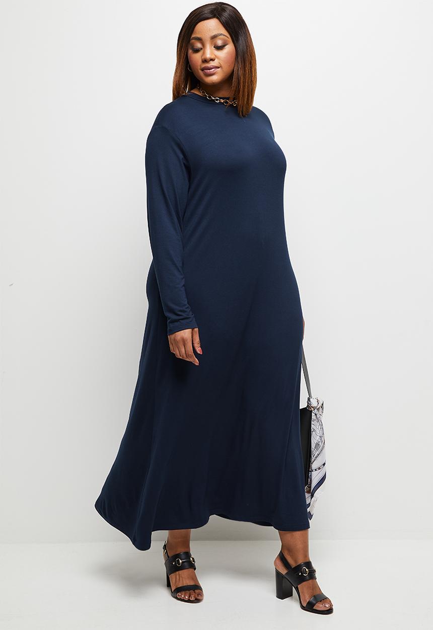 edit Plus - Long sleeve funnel neck trapeze dress - navy
