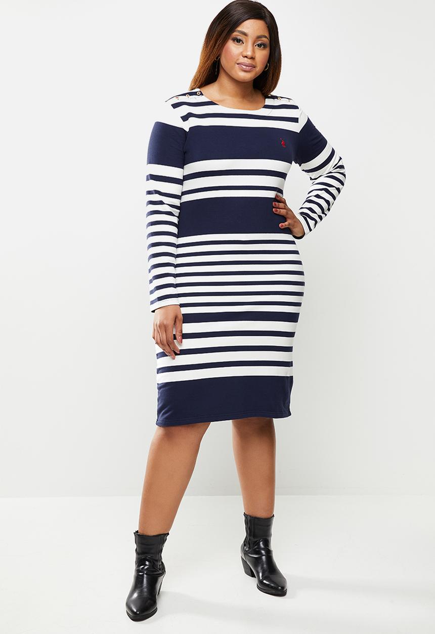 POLO - Plus marie long sleeve engineered stripe dress - navy & white