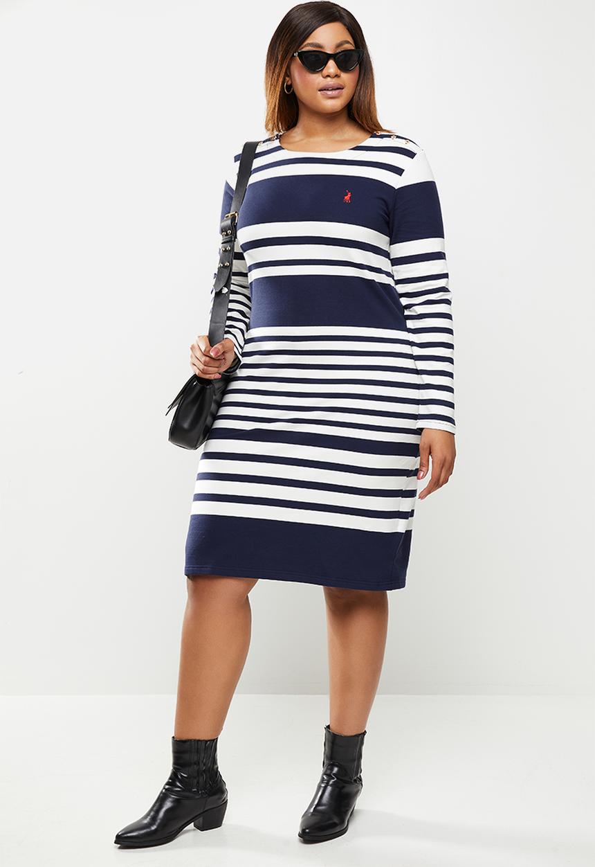 POLO - Plus marie long sleeve engineered stripe dress - navy & white