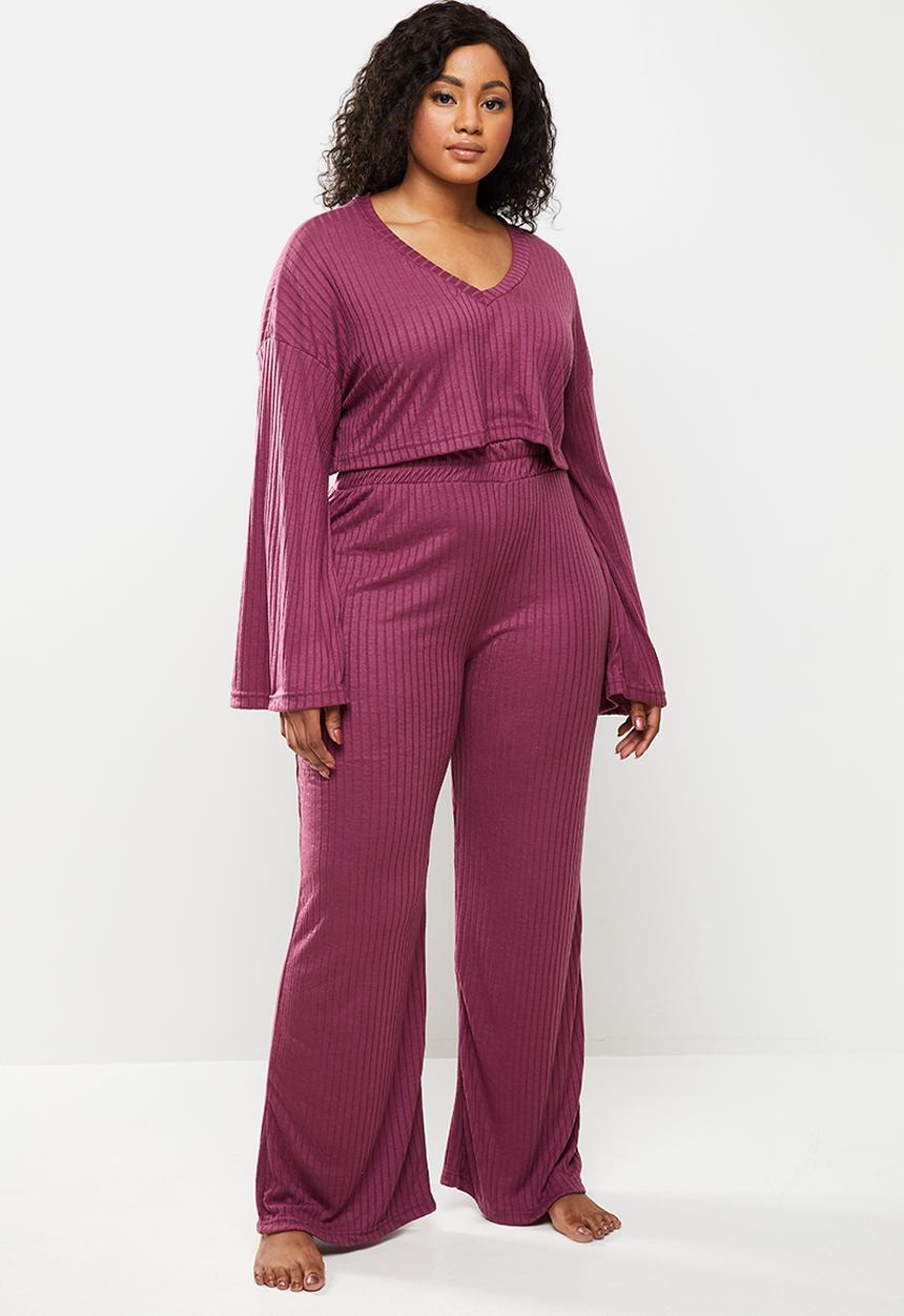 Missguided - Plus size ribbed wide leg lounge set - purple