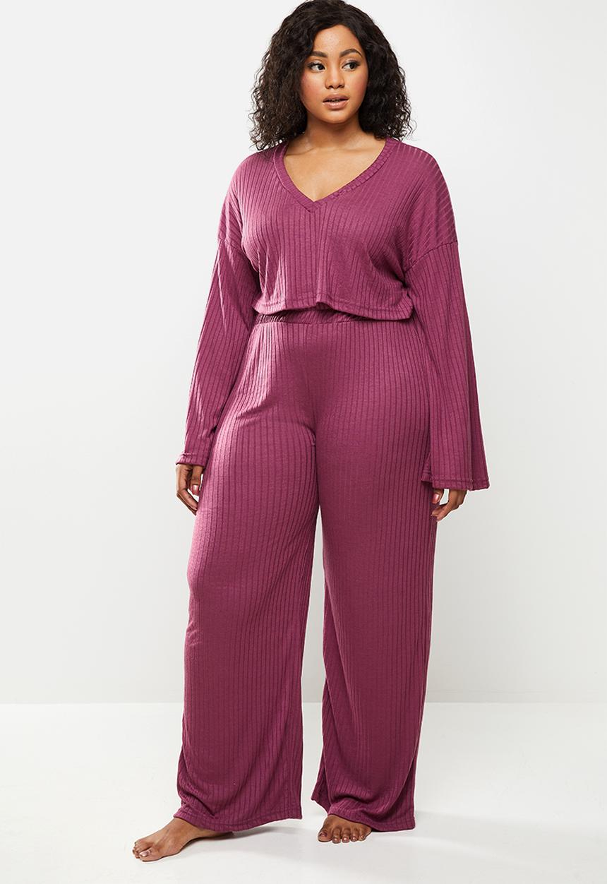 Missguided - Plus size ribbed wide leg lounge set - purple