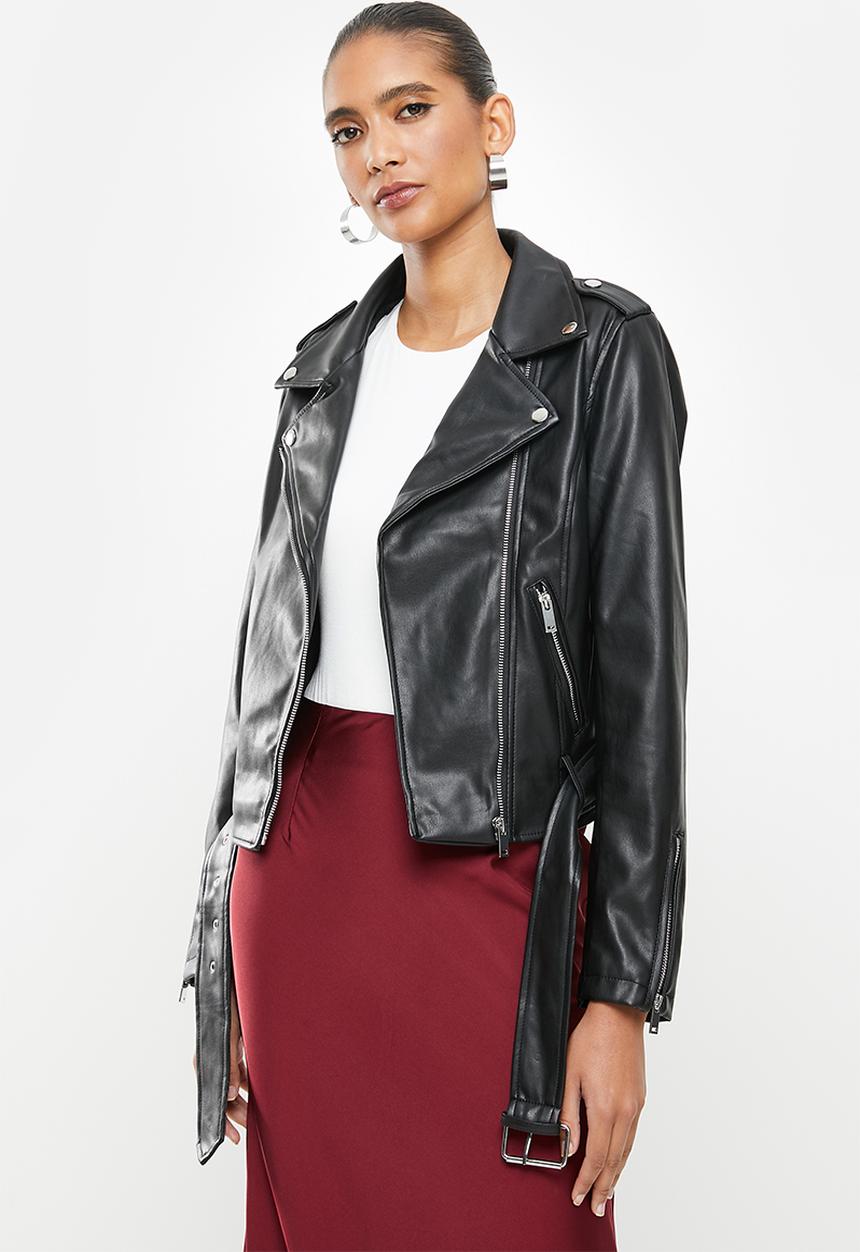 Glamorous - Pu biker with belt detail - black