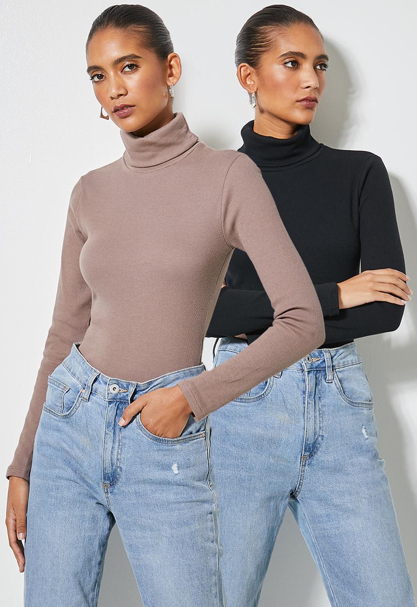 Superbalist - 2 Pack rib poloneck tops - mocha & black