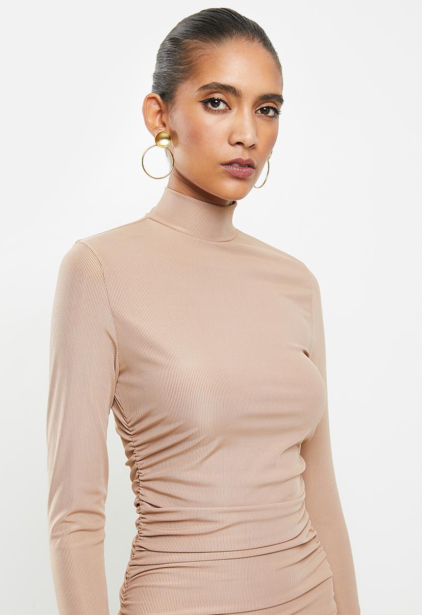 VELVET - Rib ruched turtle neck mini bodycon dress - pink