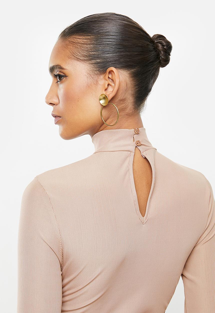 VELVET - Rib ruched turtle neck mini bodycon dress - pink