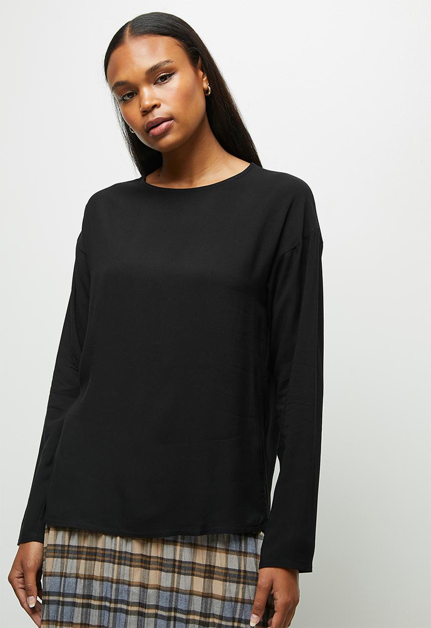 edit - Long sleeve woven basic shell - black