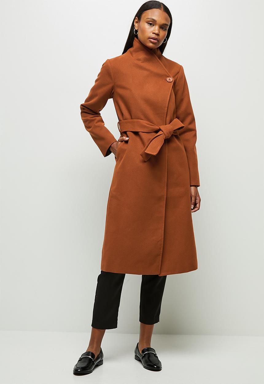 edit - High neck waterfall coat - tobacco