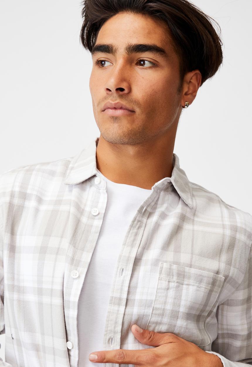 Cotton On - Washed long sleeve check shirt - white grey check