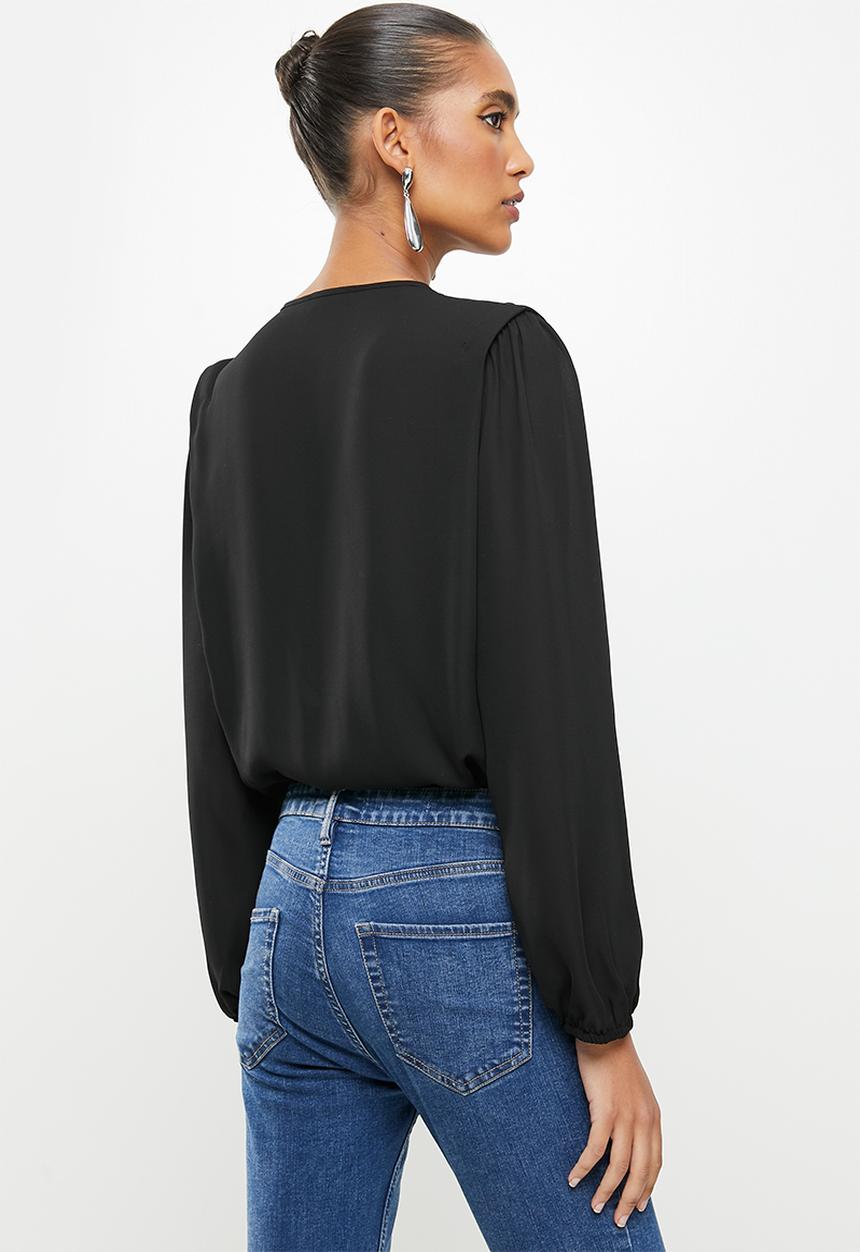 VELVET - Wrap front tunic shoulder knit bodysuit - black