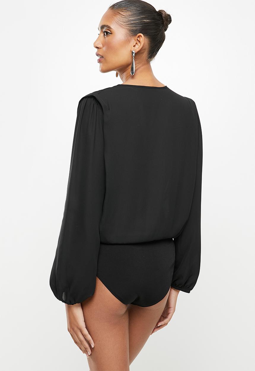 VELVET - Wrap front tunic shoulder knit bodysuit - black