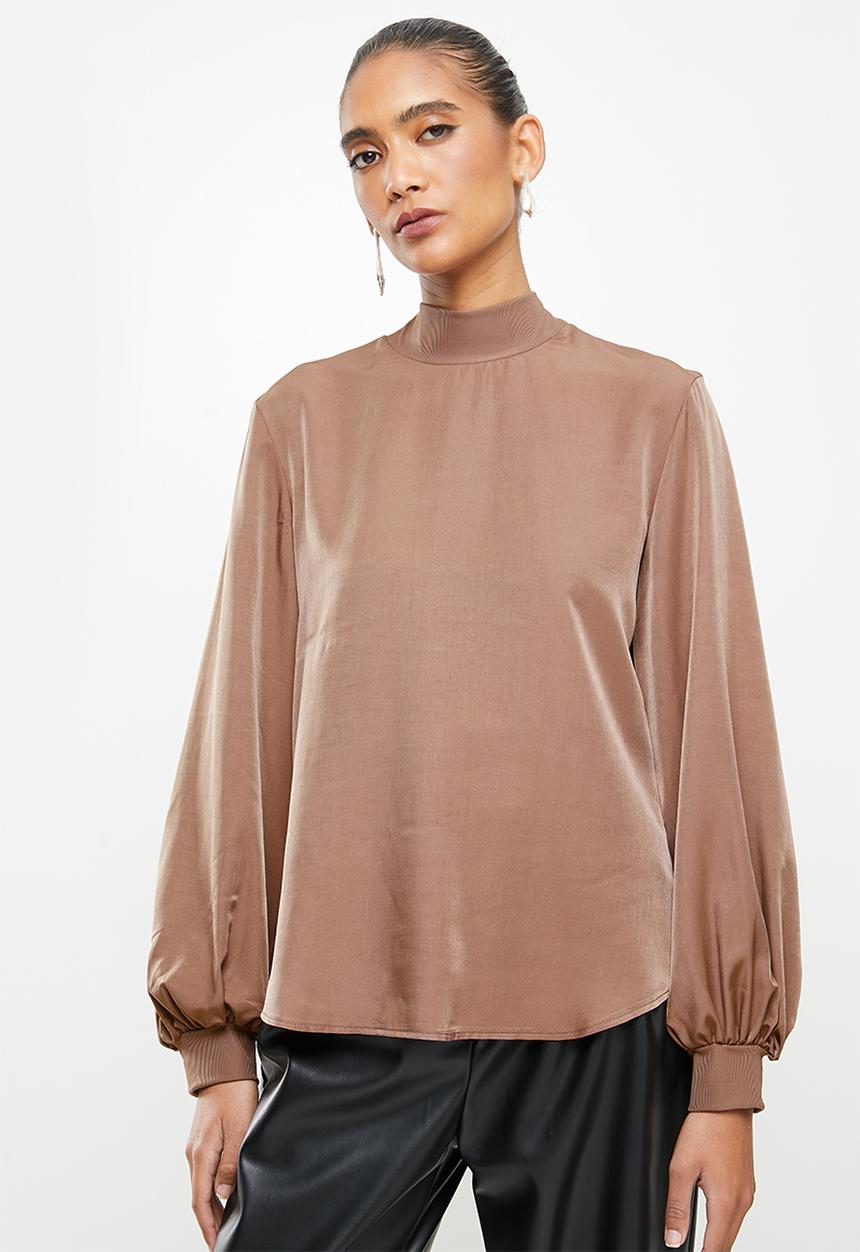 VELVET - Rib turtle neck combo blouse - brown 