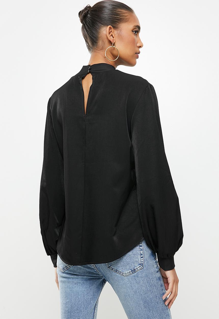 VELVET - Rib turtle neck combo blouse - black