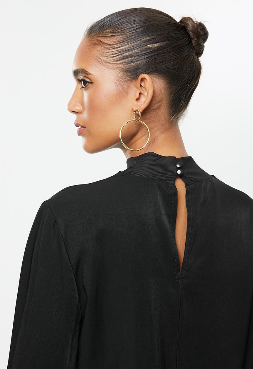 VELVET - Rib turtle neck combo blouse - black