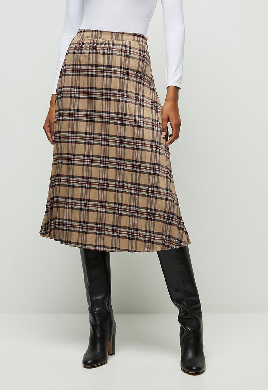 edit - Pleated check midi skirt - stone & burgundy 