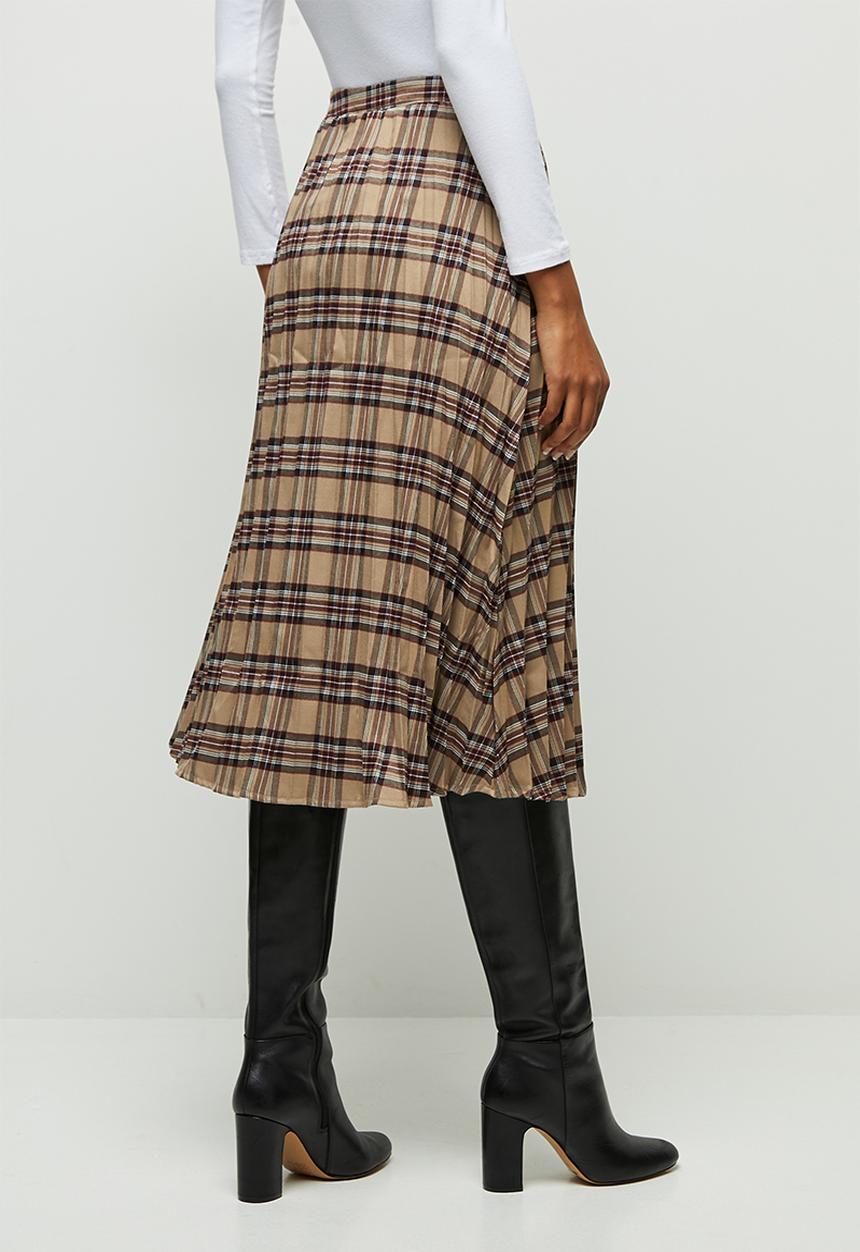 edit - Pleated check midi skirt - stone & burgundy 