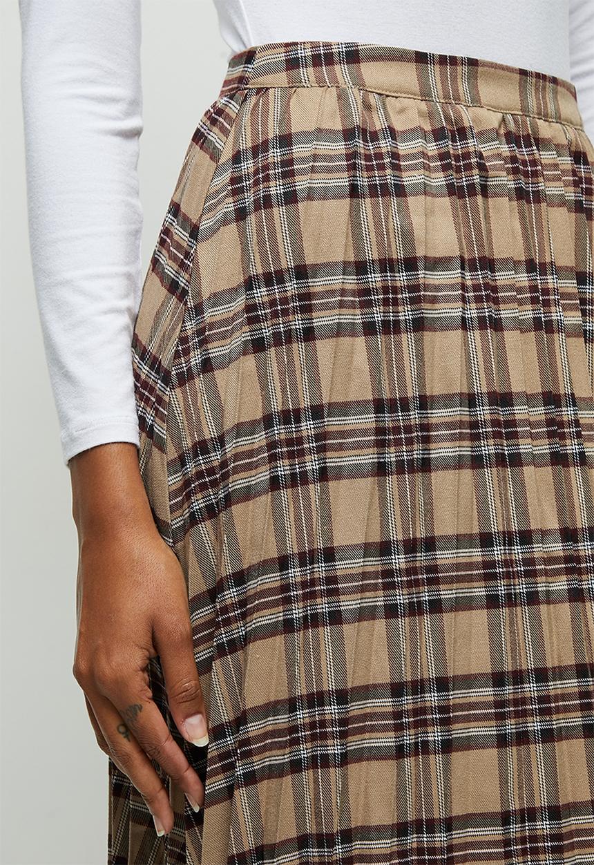 edit - Pleated check midi skirt - stone & burgundy 