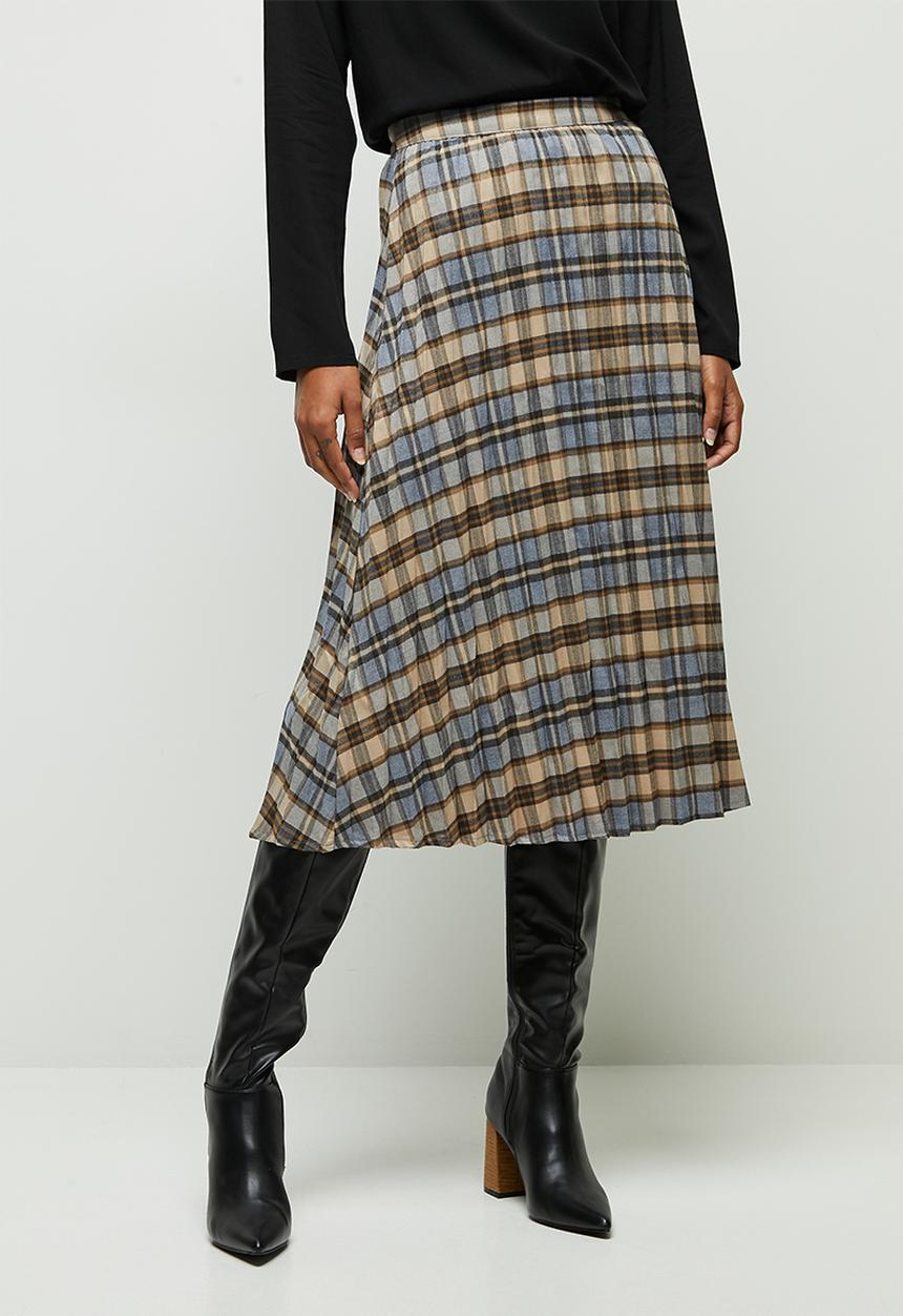 edit - Pleated check midi skirt - blue & beige 