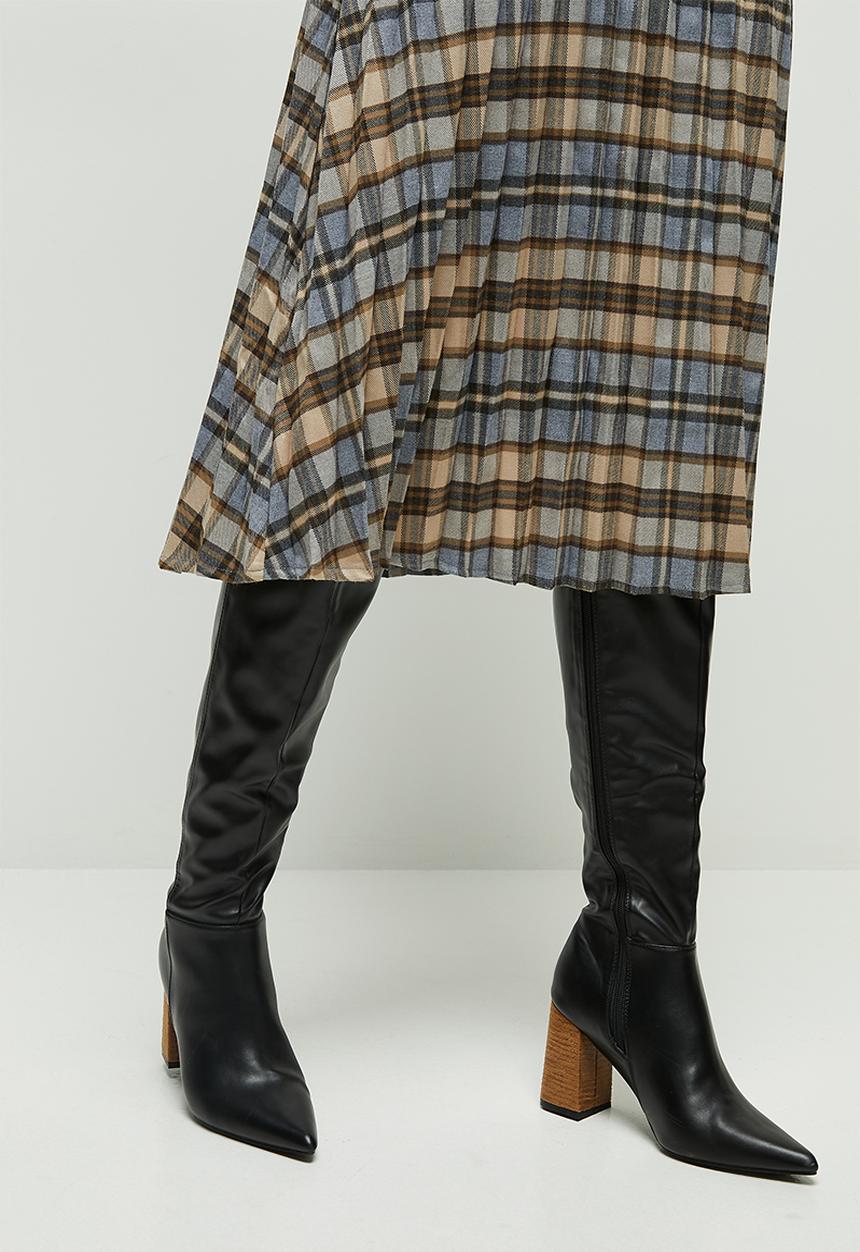 edit - Pleated check midi skirt - blue & beige 