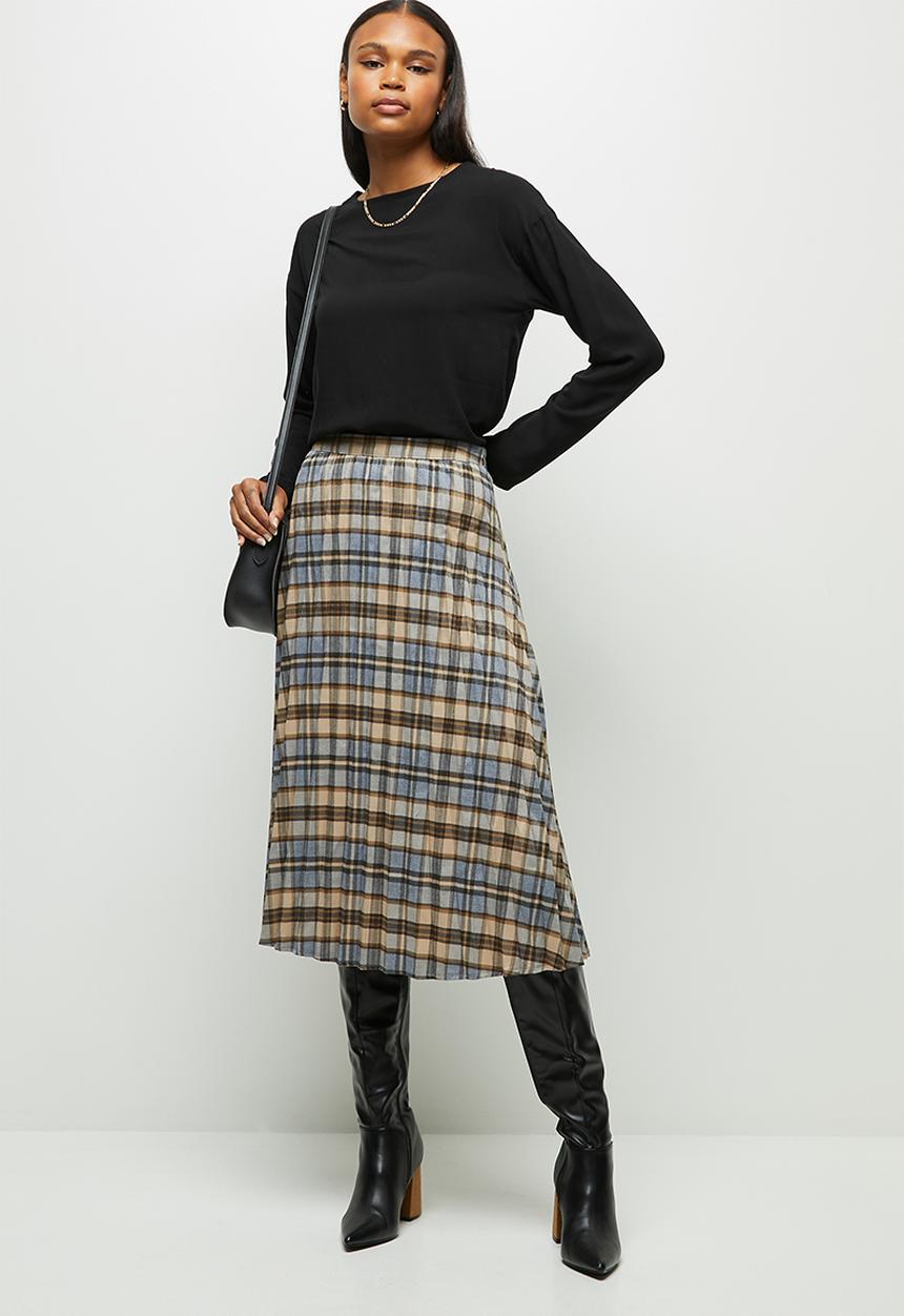 edit - Pleated check midi skirt - blue & beige 