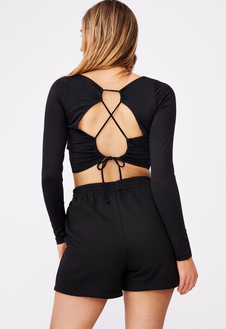 Factorie - Long sleeve open back ruched top - black